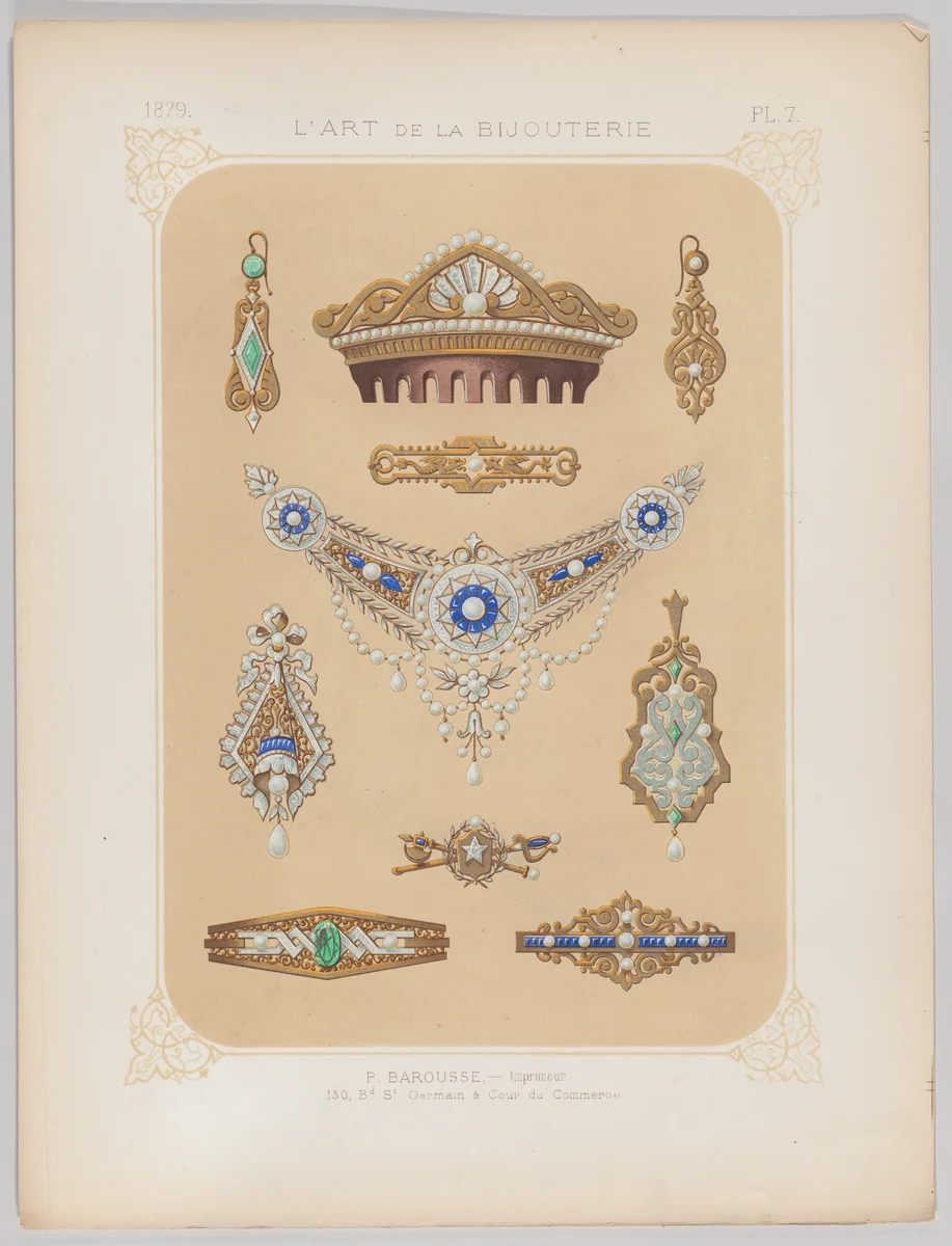 Jewelry Designs in Gold, Diamonds and Other Precious Stones, Plate 7 from "L'Art de la Bijouterie" by Jean Francois Barousse, print, 1879-1881