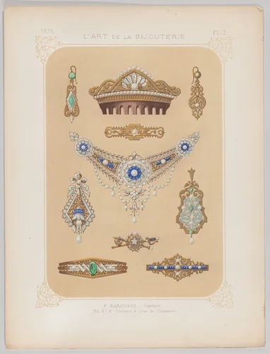 Jewelry Designs in Gold, Diamonds and Other Precious Stones, Plate 7 from "L'Art de la Bijouterie" by Jean Francois Barousse, print, 1879-1881