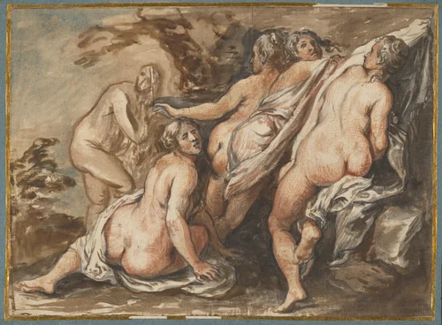Nymphs Suprised by Jacob Jordaens, drawing, 1637-1643