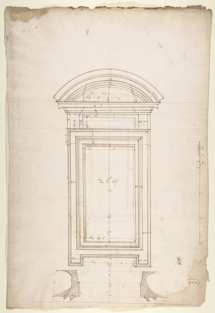 San Lorenzo, New Sacristy, window, plan; elevation (recto) San Lorenzo, New Sacristy, window, plan; elevation (verso) by anonymous, drawing, 1500-1560