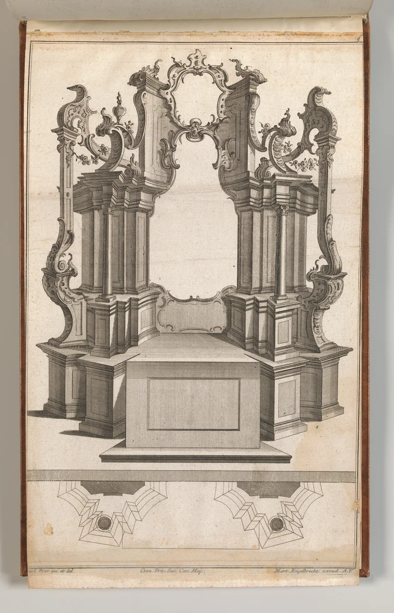 Design for a Monumental Altar, Plate 'q' from 'Unterschiedliche Neu Inventierte Altäre mit darzu gehörigen Profillen u. Grundrißen.' by Jacob Gottlieb Thelot, book, 1745-1755