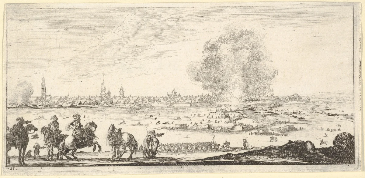 Plate 11: an attack on a city, horsemen in foreground, clouds of smoke and a cityscape in background, from "Troops, cannons, and attacks on towns" (Dessins de quelques conduites de troupes, canons, et ataques de villes) by Stefano della Bella, print, 1635-1645