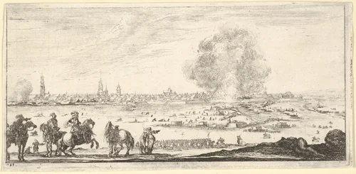 Plate 11: an attack on a city, horsemen in foreground, clouds of smoke and a cityscape in background, from "Troops, cannons, and attacks on towns" (Dessins de quelques conduites de troupes, canons, et ataques de villes) by Stefano della Bella, print, 1635-1645