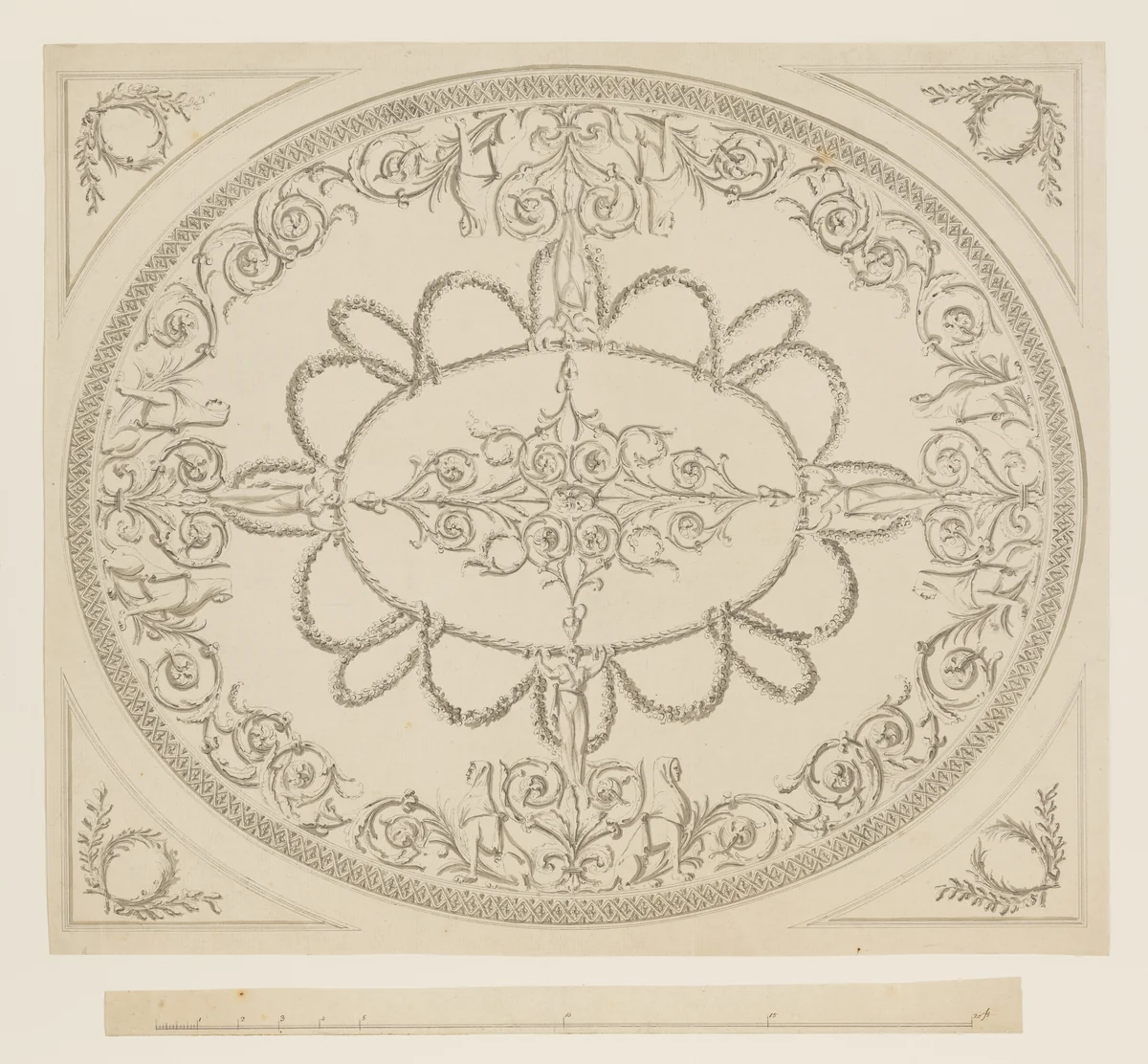 Design for a Ceiling, an Oval within a Square, having a Criss-cross Border to the Oval, for Ampthill Park, Bedfordshire by Sir William Chambers, drawing, 1764-1774