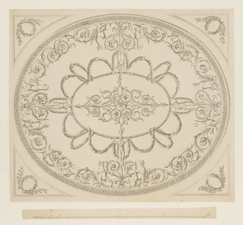 Design for a Ceiling, an Oval within a Square, having a Criss-cross Border to the Oval, for Ampthill Park, Bedfordshire by Sir William Chambers, drawing, 1764-1774