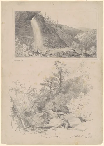 Kaatskill Fall; and In the Kaatskill Clove by Andrew Fisher Bunner, drawing, 1866