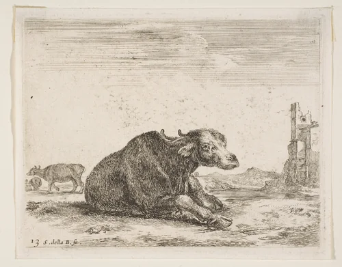 Buffalo lying down, plate 13 from "Various Animals" (Diversi Animali) by Stefano della Bella, print, 1636-1646