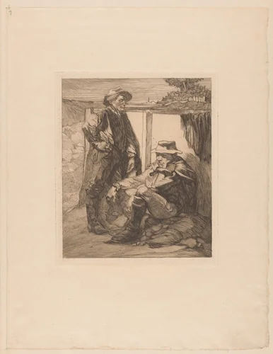 Twee rustende arbeiders by Johannes Josephus Aarts, print, 1881-1934