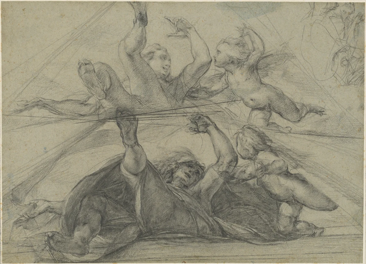 Ceiling Studies of a Prophet and a Putto Seen from Below by Giulio Cesare Procaccini, drawing, 1597-1607
