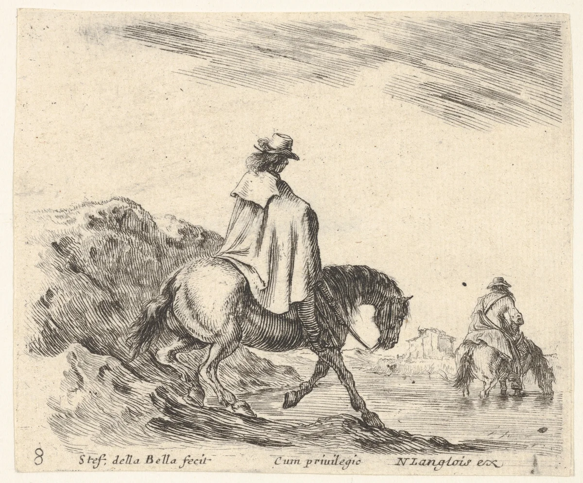 Plate 8: a horseman descends a riverbank, another horseman in river to right, from "Diversi Capricci" by Stefano della Bella, print, 1644-1647