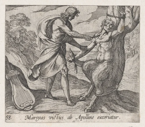 Plate 58: Apollo Killing Marsyas (Marsyas victus ab Apolline excoriatur), from Ovid's 'Metamorphoses' by Antonio Tempesta, print, 1606