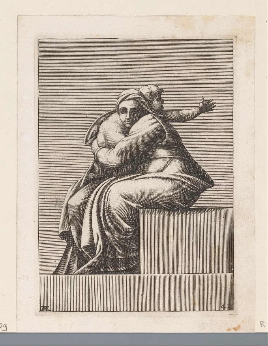 Zittende vrouw met kind by Unknown, print, 1585