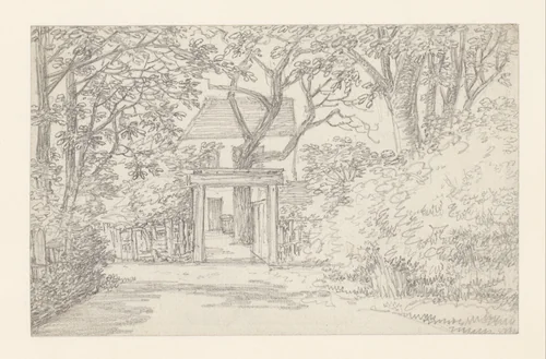 Beschaduwd laantje naar een tuinhek by Georges Michel, drawing, 1773-1843