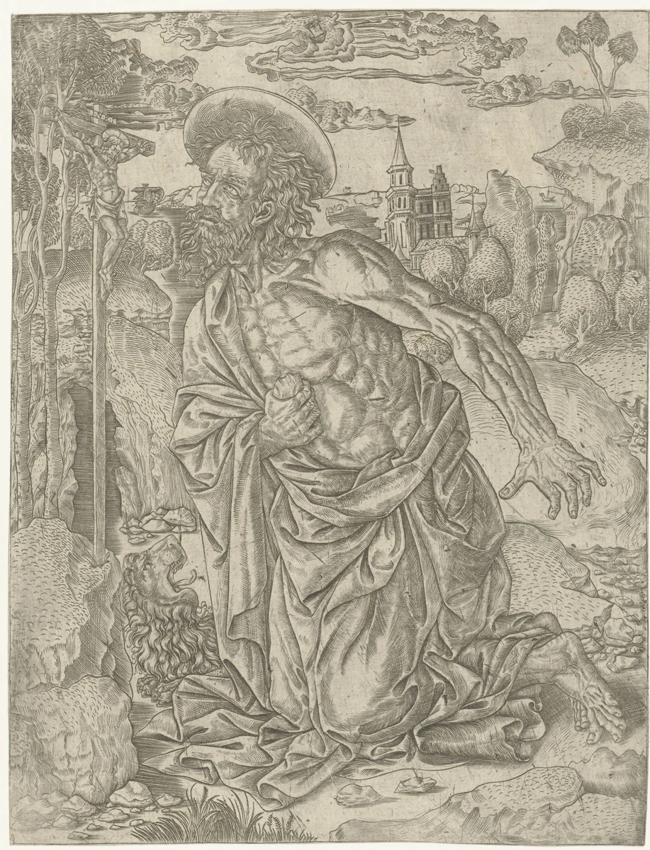 Heilige Hieronymus doet boete in woestijn by anonymous, print, 1500-1515