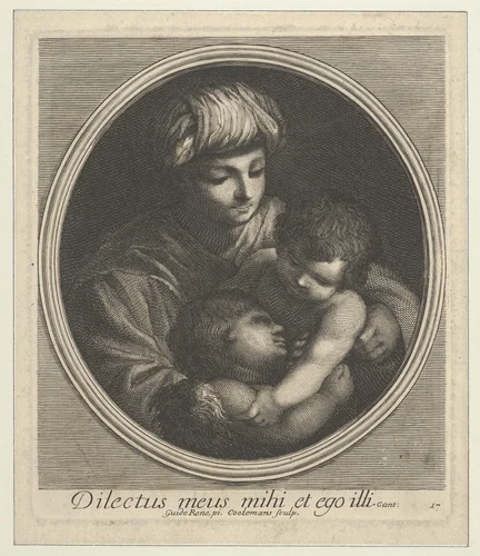 The Virgin with the infant Christ and the young Saint John the Baptist, in a circular frame, after Reni by Jacobus Coelemans, print, 1690-1700