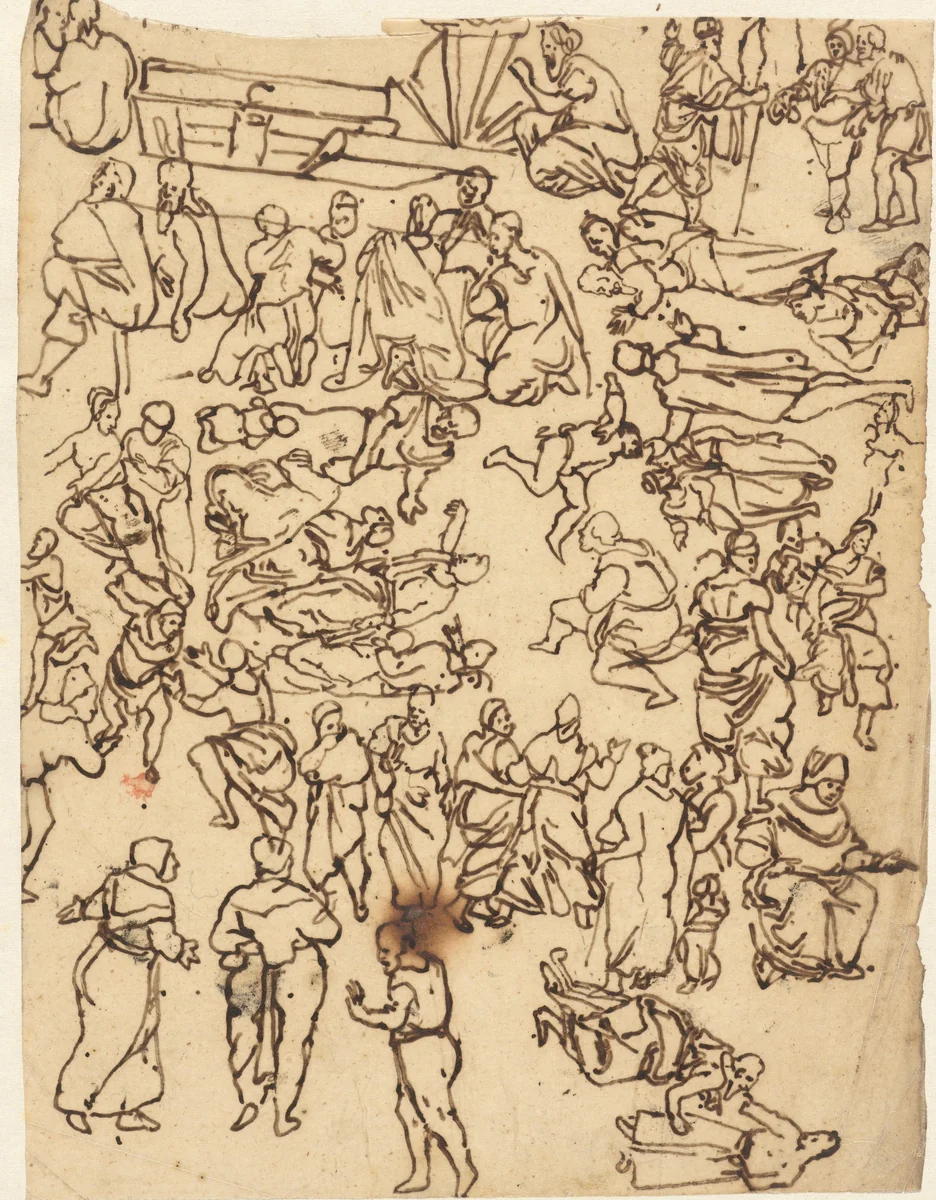 Studieblad met motieven aan de Italiaanse schilderkunst ontleend by Rodolphe Bresdin, drawing, 1832-1885