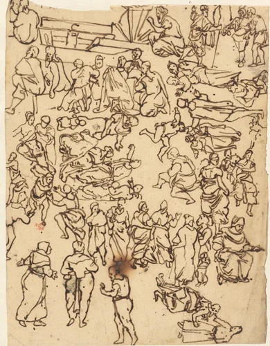 Studieblad met motieven aan de Italiaanse schilderkunst ontleend by Rodolphe Bresdin, drawing, 1832-1885