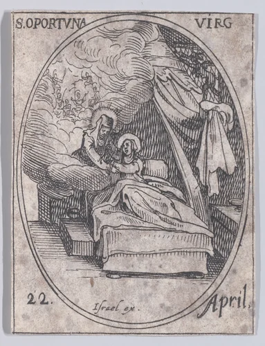 Ste. Opportune, vierge (St. Opportuna, Virgin), April 22nd, from "Les Images De Tous Les Saincts et Saintes de L'Année" (Images of All of the Saints and Religious Events of the Year) by Jacques Callot, print, 1636