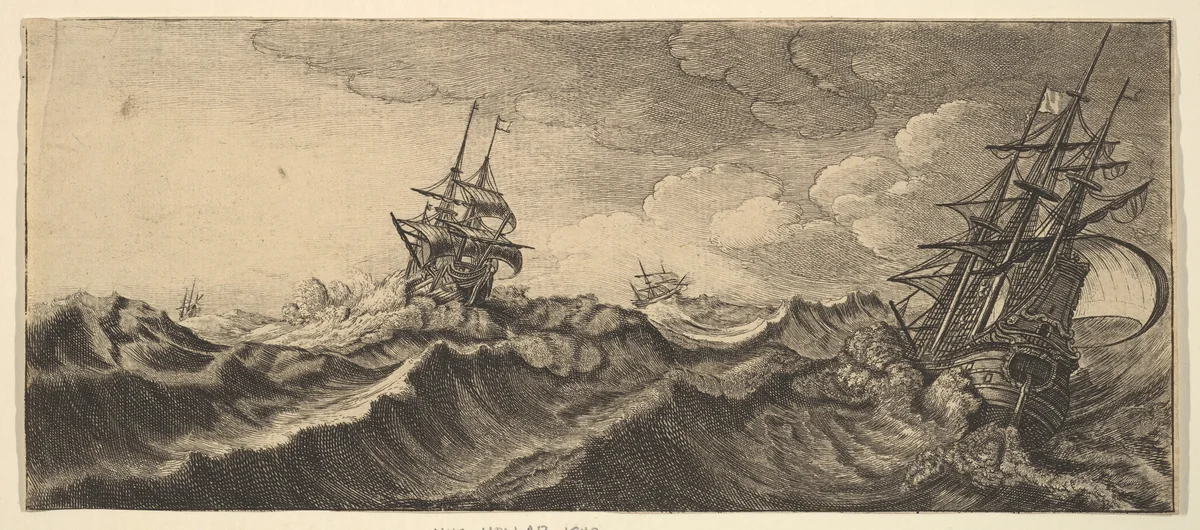 Warship in the Trough of a Wave by Wenceslaus Hollar, print, 1665