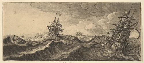 Warship in the Trough of a Wave by Wenceslaus Hollar, print, 1665