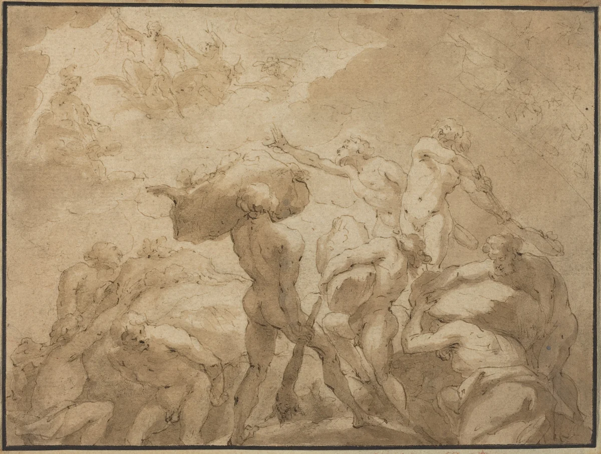 Battle of the Gods and Giants from Mount Olympus and Mount Othrys by Jan Luyken, drawing, 1649-1712