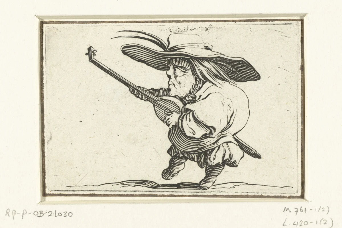 Kleine mens (karikatuur) met luit en zwaard by Jacques Callot, print, 1621-1625