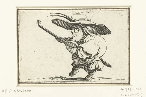 Kleine mens (karikatuur) met luit en zwaard by Jacques Callot, print, 1621-1625