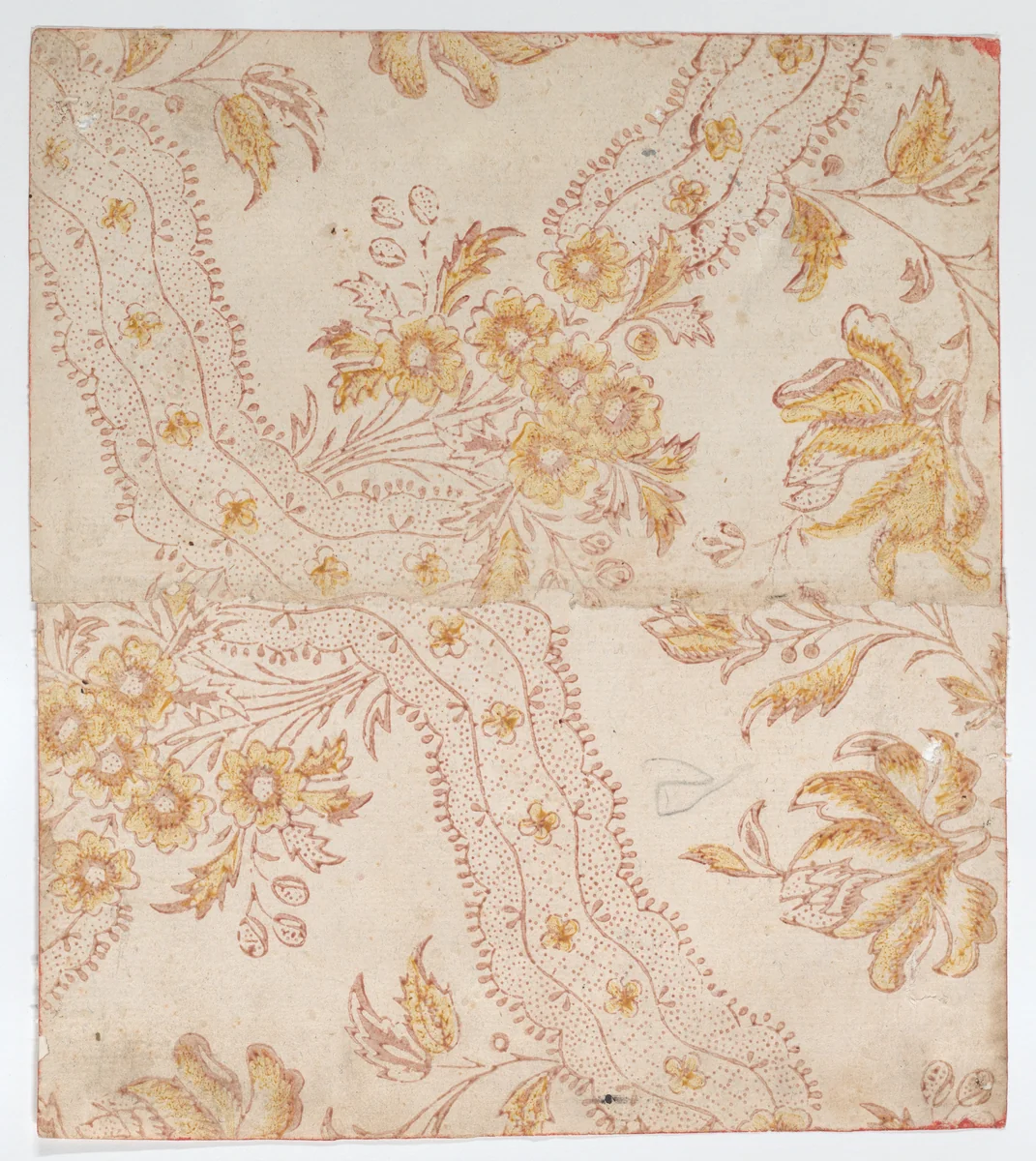 Sheet with overall red and yellow floral pattern by anonymous, print, 1800-1900