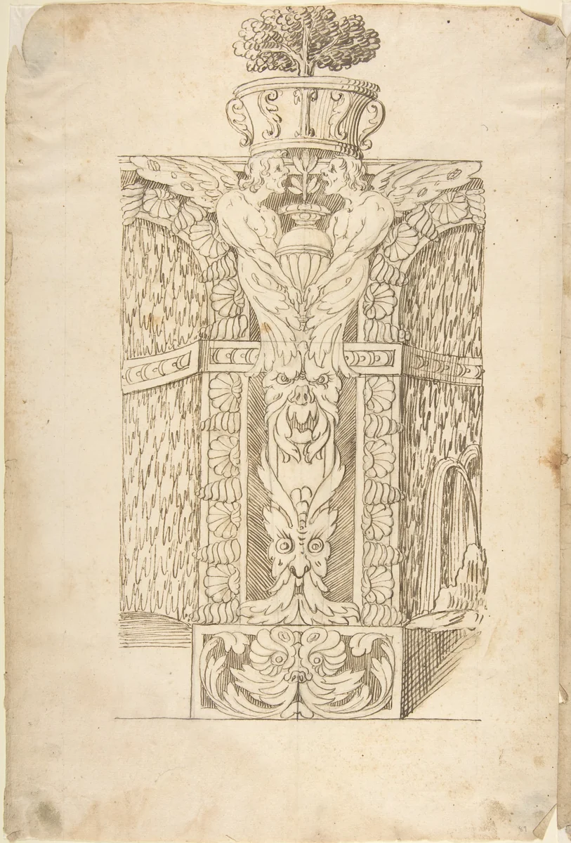 Design for a Wall Fountain by anonymous, drawing, 1550-1620