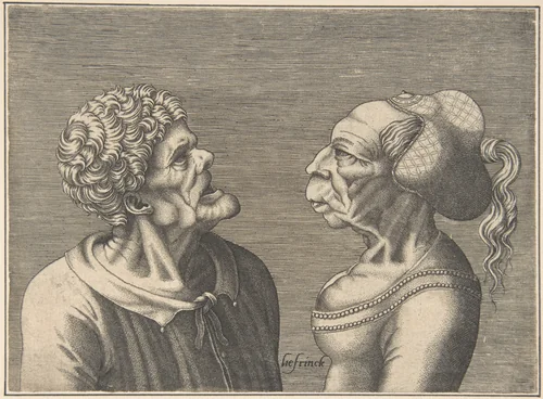Two Grotesque Heads by Hans Liefrinck, print, 1538-1573