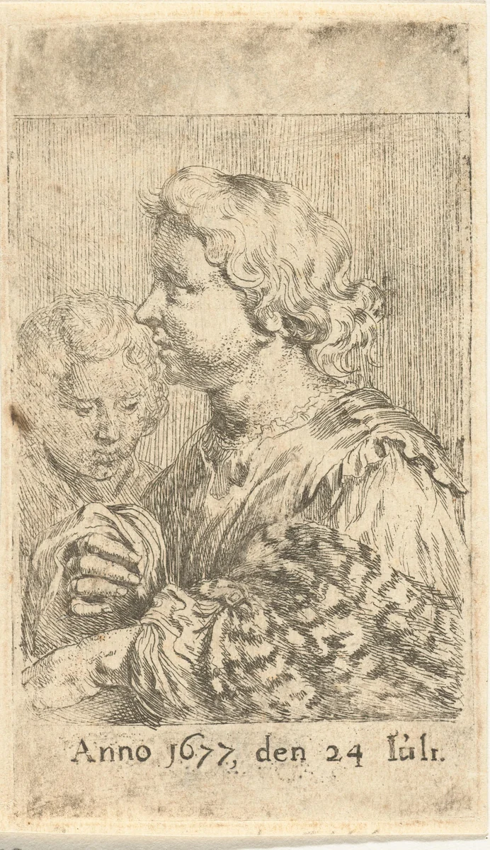 Vrouw en jongen by Dirck de Bray, print, 1677