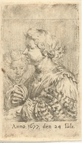 Vrouw en jongen by Dirck de Bray, print, 1677