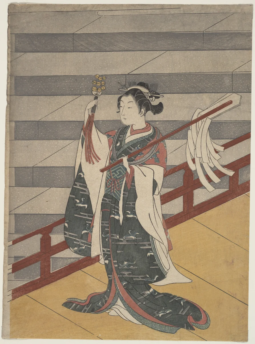 Girl on Balcony above Stone Stairway by Suzuki Harunobu (鈴木春信), print, 1758-1778