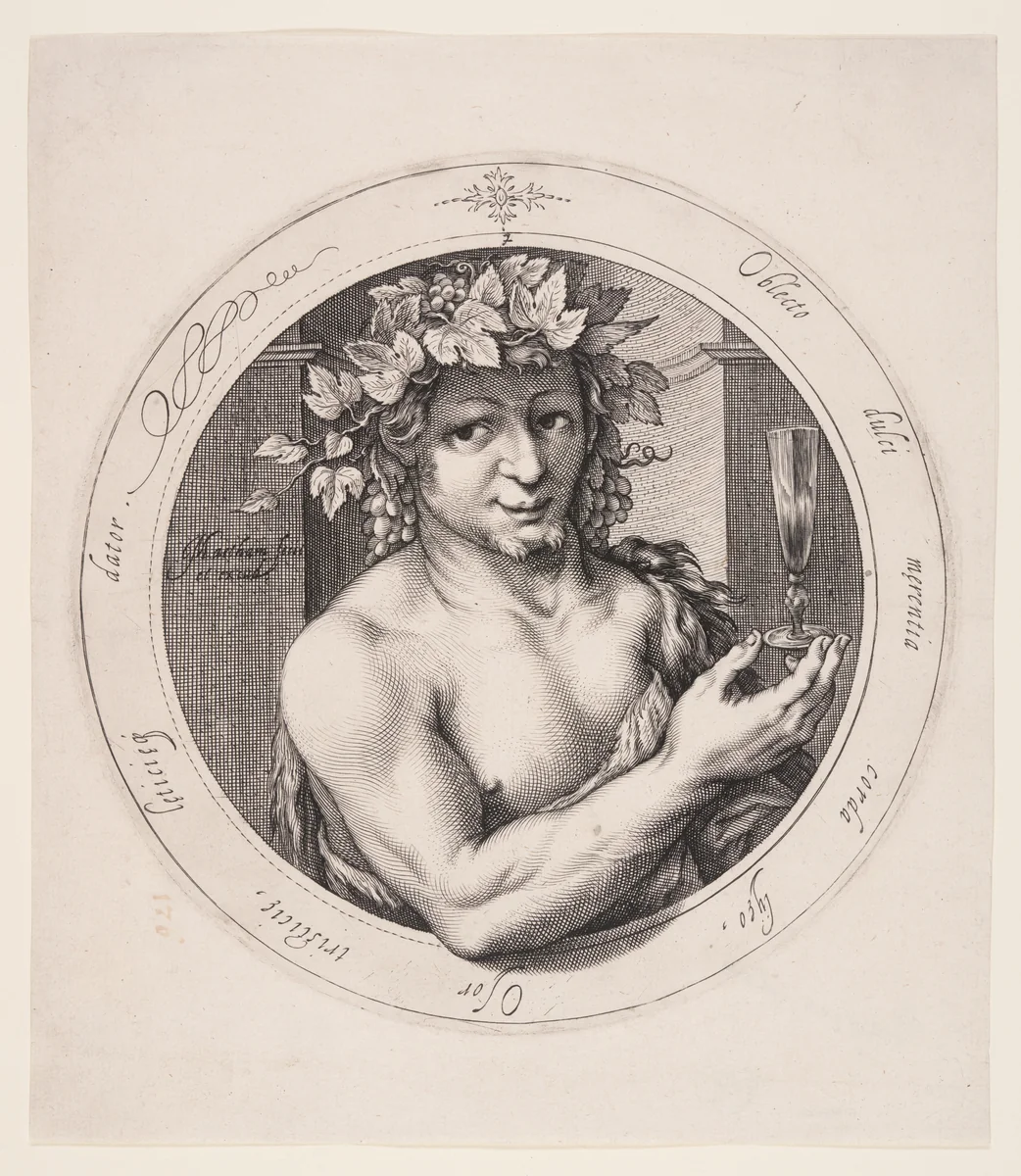 Bacchus, plate 2 from Series of Three Gods by Jacob Matham, print, 1600