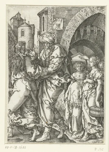 Lot vertrekt met zijn familie uit Sodom by Unknown, print, 1555