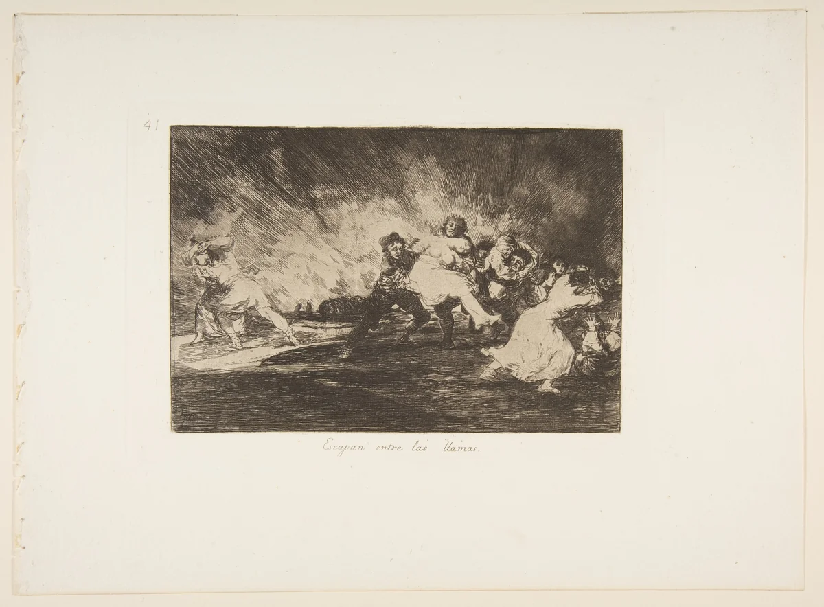 Plate 41 from "The Disasters of War" (Los Desastres de La Guerra): 'They escape through the flames' (Escapan entre las llamas) by Goya, print, 1863