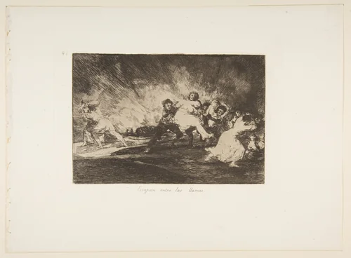 Plate 41 from "The Disasters of War" (Los Desastres de La Guerra): 'They escape through the flames' (Escapan entre las llamas) by Goya, print, 1863