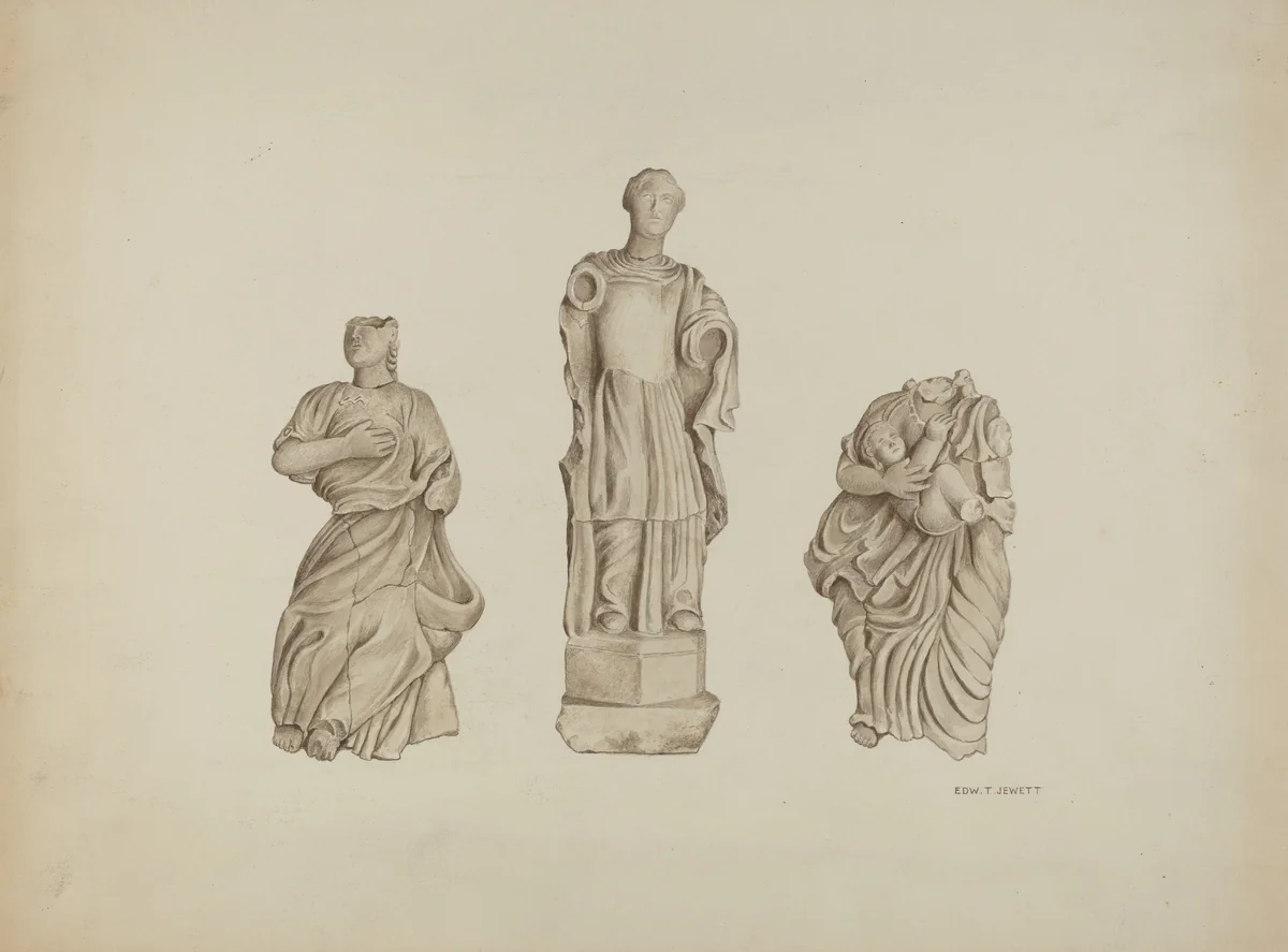 "Faith, Hope and Charity": Stone Figures from Facade of Mission by Edward Jewett, index of american design, 1936