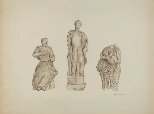 "Faith, Hope and Charity": Stone Figures from Facade of Mission by Edward Jewett, index of american design, 1936