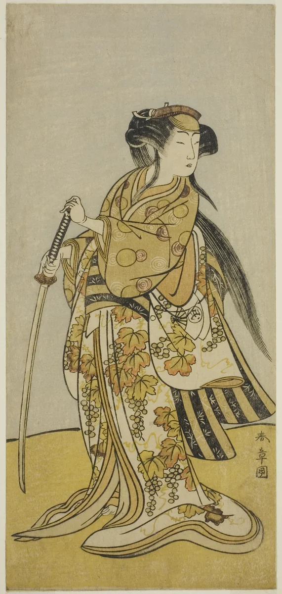 The Actor Onoe Tamizo I as Kureha (?) in the Play Shusse Taiheiki (?), Performed at the Nakamura Theater (?) in the Eighth Month, 1775 (?) by Katsukawa Shunsho (勝川 春章), print, 1770-1780