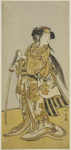 The Actor Onoe Tamizo I as Kureha (?) in the Play Shusse Taiheiki (?), Performed at the Nakamura Theater (?) in the Eighth Month, 1775 (?) by Katsukawa Shunsho (勝川 春章), print, 1770-1780