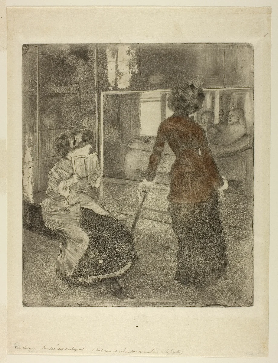 Mary Cassatt at the Louvre: The Etruscan Gallery by Edgar Degas, print, 1879-1880