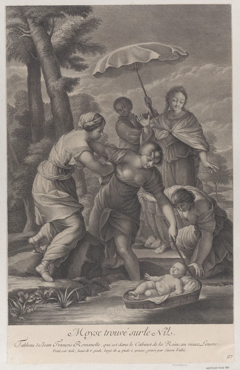 Three women pulling in the basket with the infant Moses from the water by Simon de la Vallée, print, 1724-1734