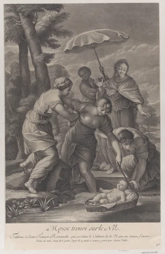 Three women pulling in the basket with the infant Moses from the water by Simon de la Vallée, print, 1724-1734