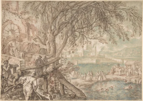 Huntsmen and Company Observing Dogs Retrieving Ducks in a Pond (The Month of April) by Pieter Stevens, drawing, 1605-1625