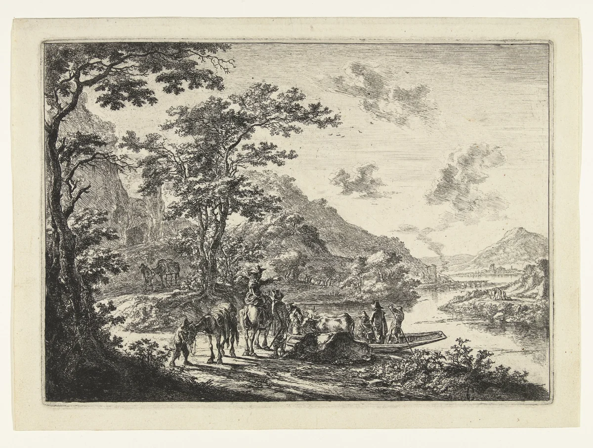 Landschap met veerpont en wachtende reizigers aan oever van de Tiber by Jan Both, print, 1642-1652