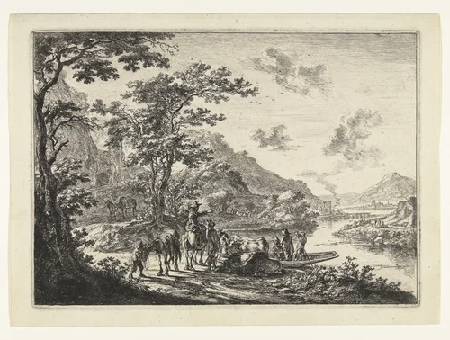 Landschap met veerpont en wachtende reizigers aan oever van de Tiber by Jan Both, print, 1642-1652