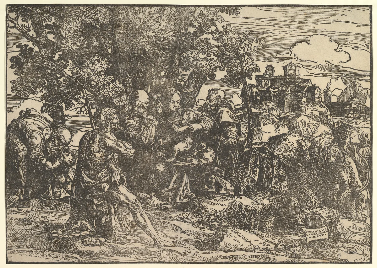 Mary seated beneath trees with baby, flanked by Joseph at left and St. Jerome at right; St. John the Baptist seated in the foreground holding a cross; a man stooping to pick up a child at left; a lion seen from behind at right; a town in the background by Domenico Campagnola, print, 1517