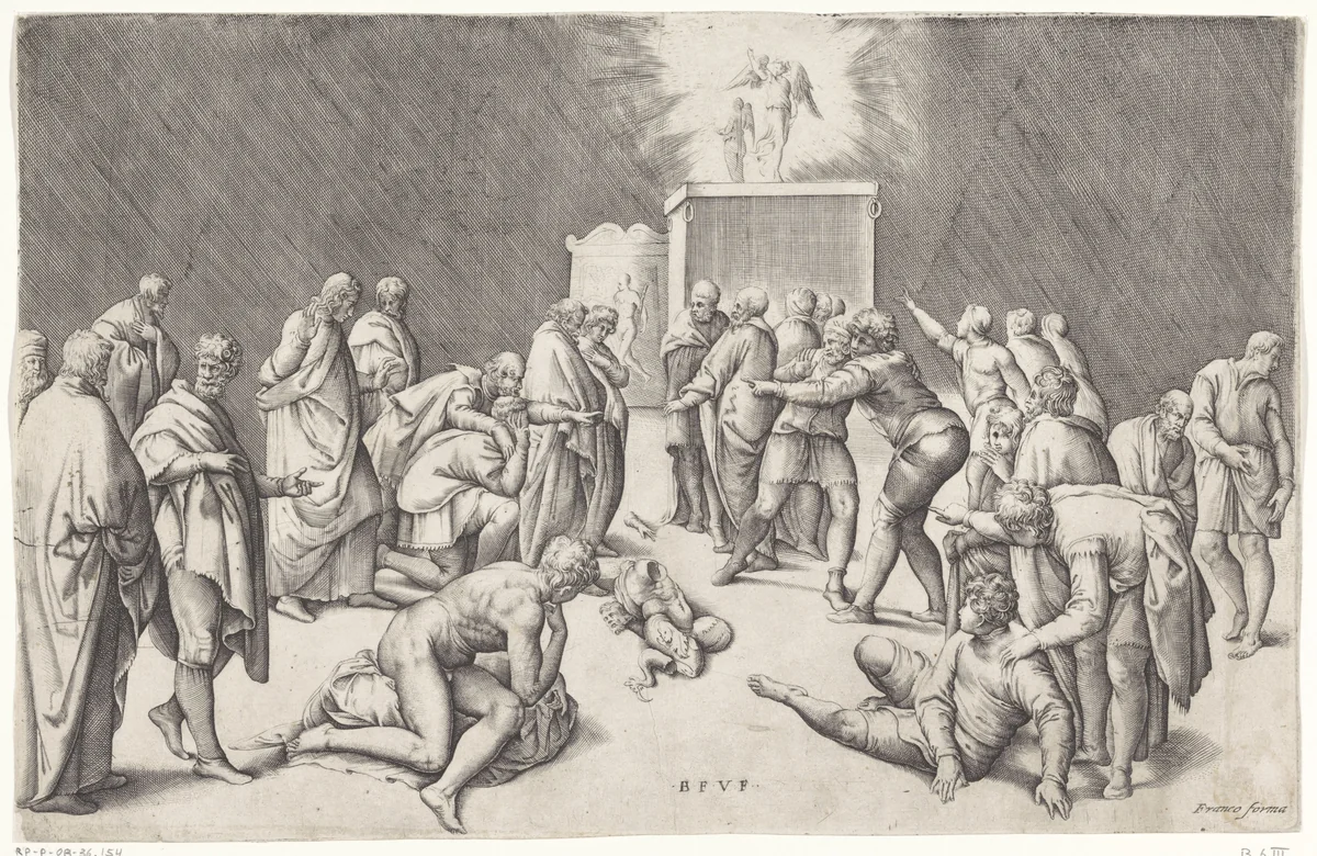Ark des Verbonds in de tempel van Dagon by Unknown, print, 1520-1561
