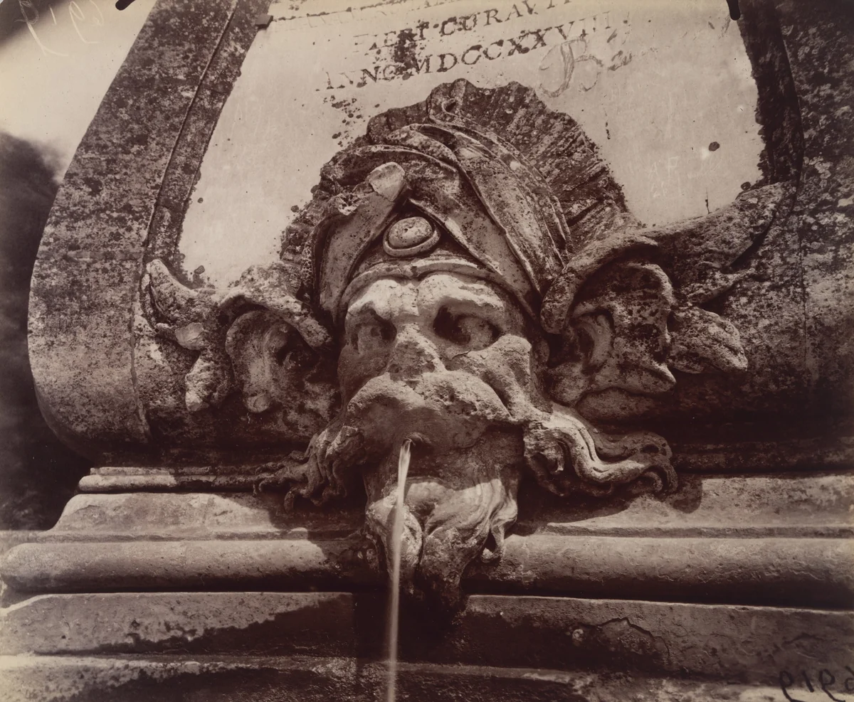 Juvisy, Belles Fontaines, mascaron by Eugène Atget, photograph, 1921